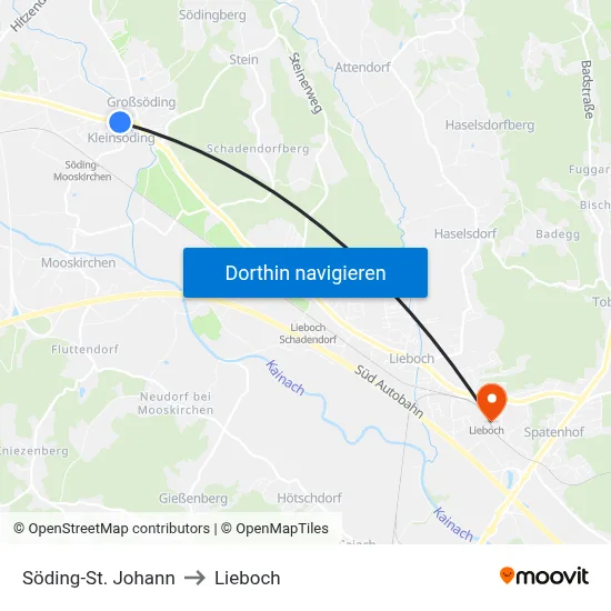 Söding-St. Johann to Lieboch map