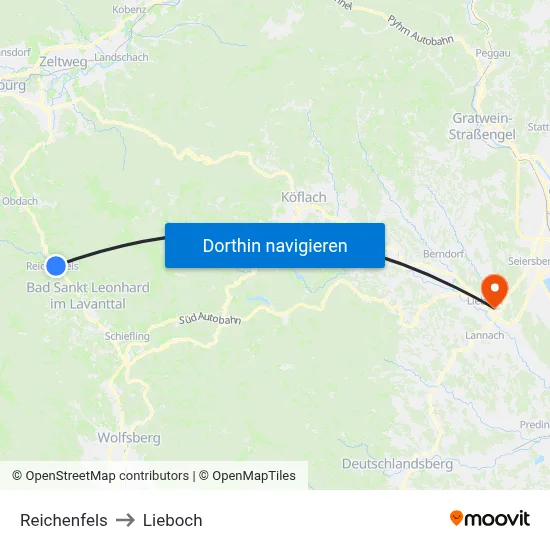Reichenfels to Lieboch map