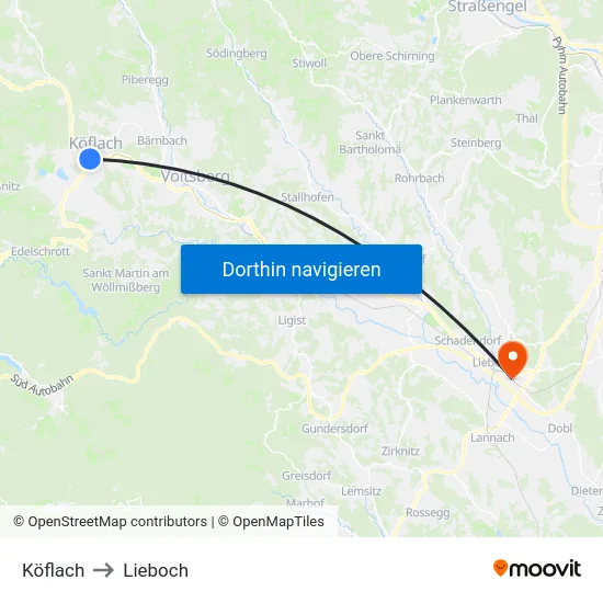 Köflach to Lieboch map