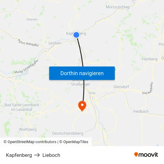Kapfenberg to Lieboch map