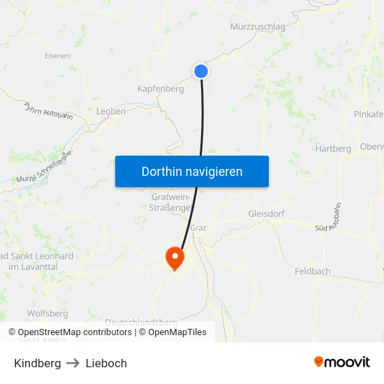 Kindberg to Lieboch map