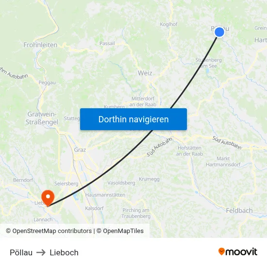 Pöllau to Lieboch map