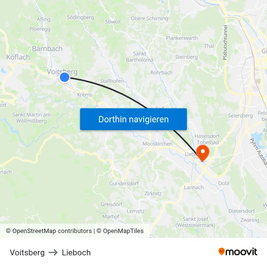 Voitsberg to Lieboch map