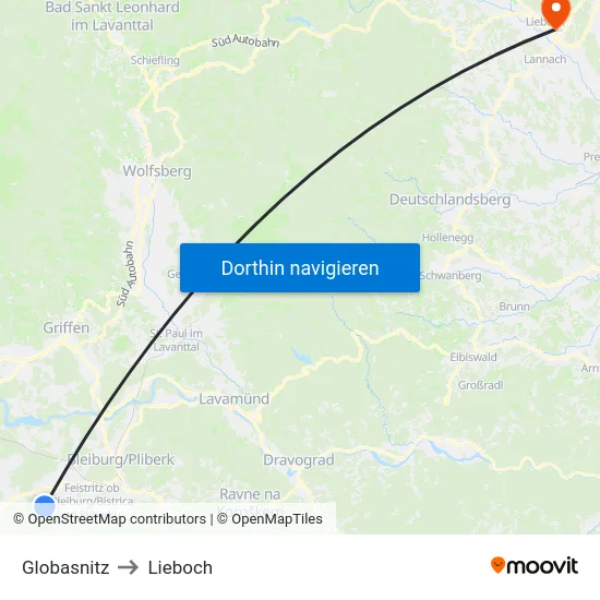 Globasnitz to Lieboch map
