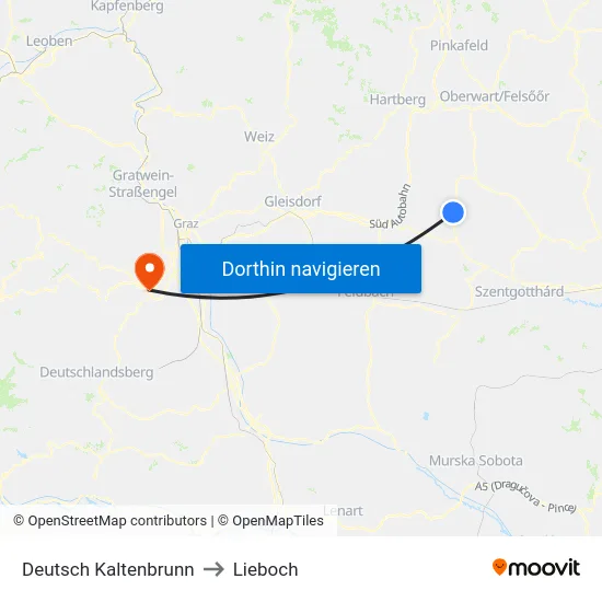 Deutsch Kaltenbrunn to Lieboch map