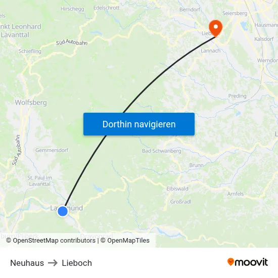 Neuhaus to Lieboch map