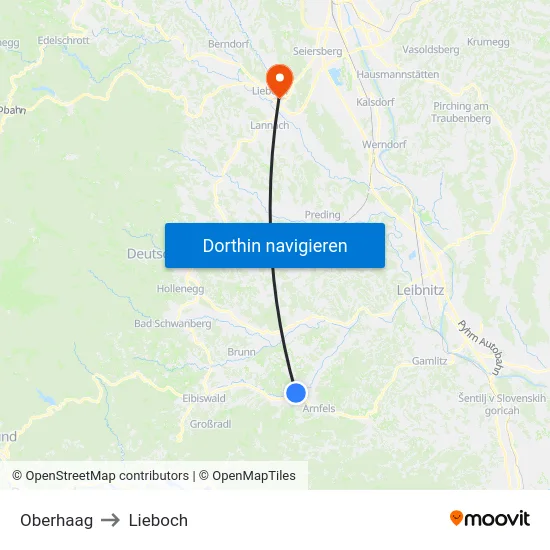 Oberhaag to Lieboch map