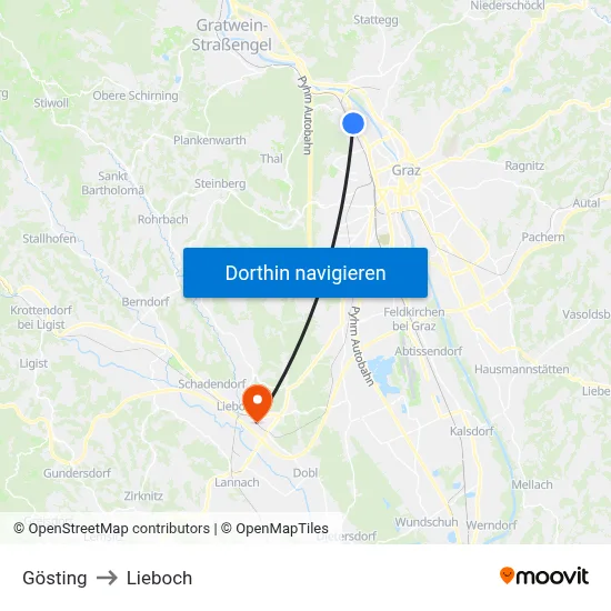 Gösting to Lieboch map