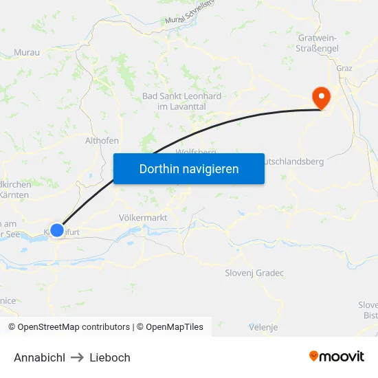 Annabichl to Lieboch map