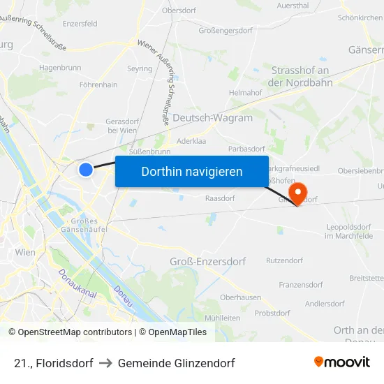 21., Floridsdorf to Gemeinde Glinzendorf map