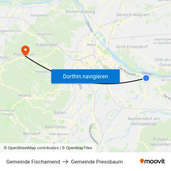 Gemeinde Fischamend to Gemeinde Pressbaum map