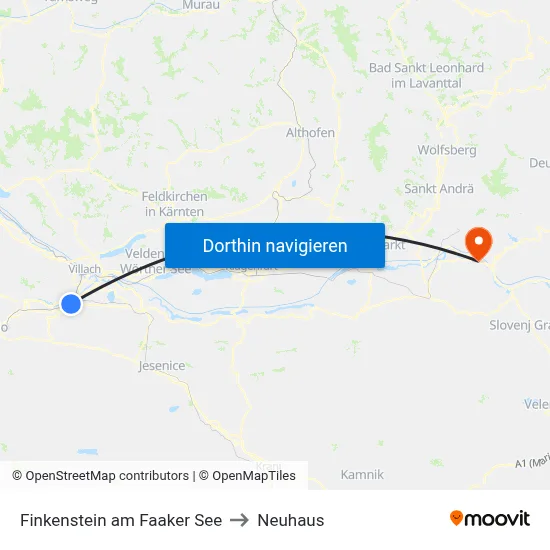 Finkenstein am Faaker See to Neuhaus map