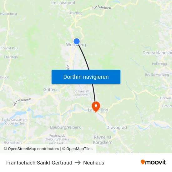 Frantschach-Sankt Gertraud to Neuhaus map