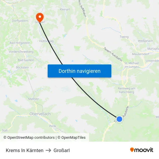 Krems In Kärnten to Großarl map