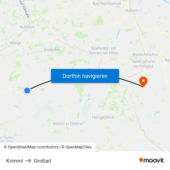 Krimml to Großarl map