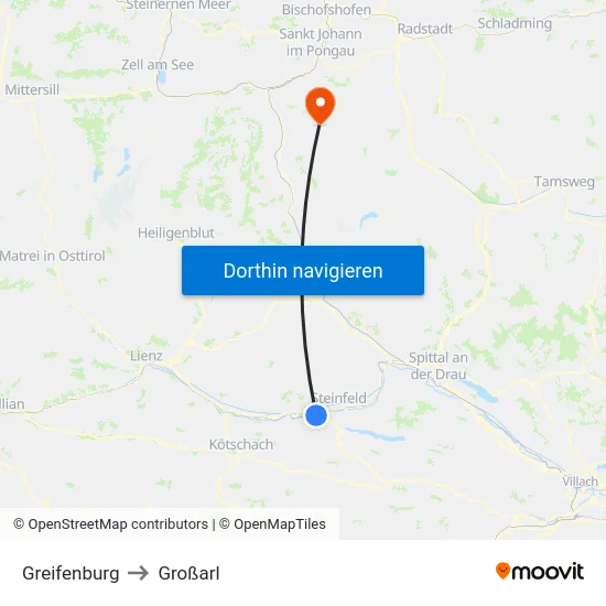 Greifenburg to Großarl map