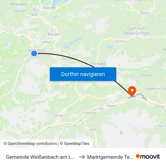 Gemeinde Weißenbach am Lech to Marktgemeinde Telfs map