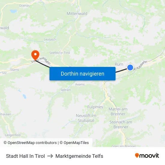 Stadt Hall In Tirol to Marktgemeinde Telfs map