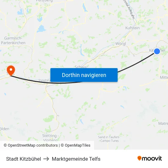 Stadt Kitzbühel to Marktgemeinde Telfs map