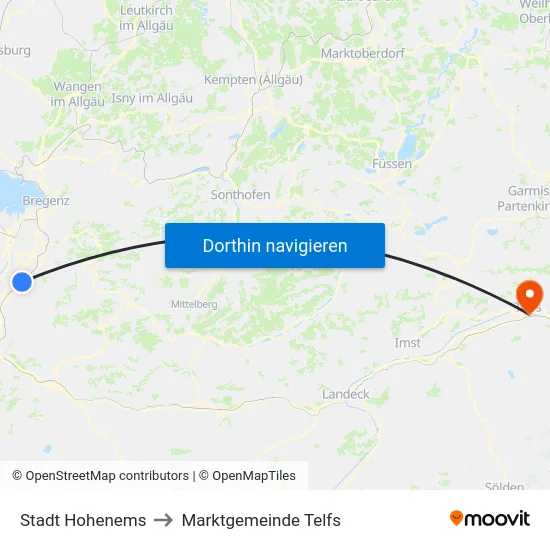 Stadt Hohenems to Marktgemeinde Telfs map