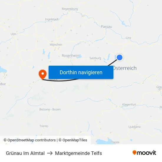 Grünau Im Almtal to Marktgemeinde Telfs map