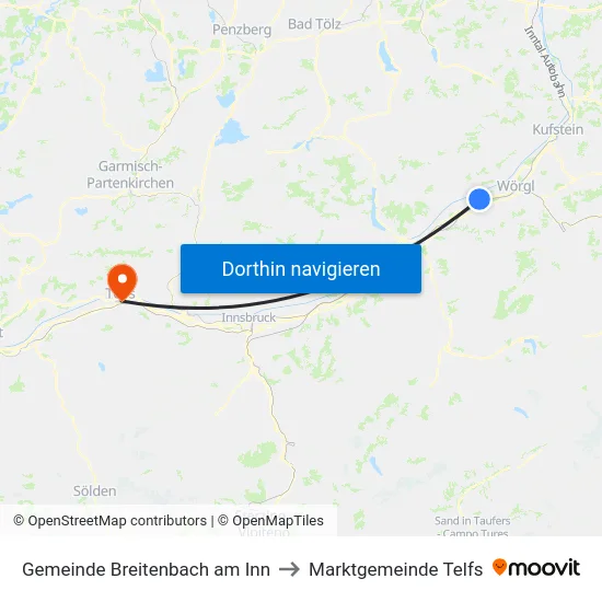 Gemeinde Breitenbach am Inn to Marktgemeinde Telfs map