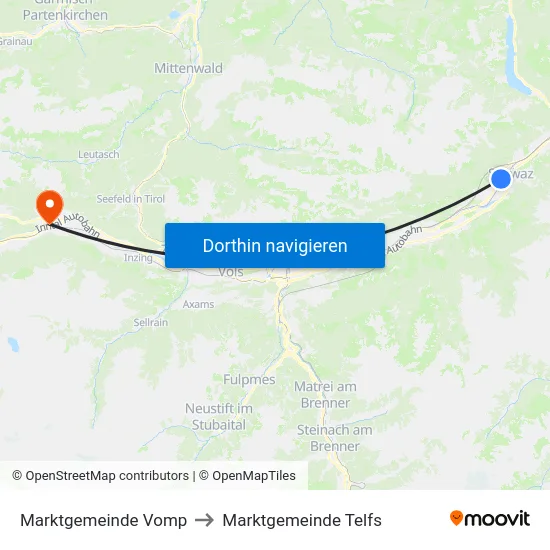 Marktgemeinde Vomp to Marktgemeinde Telfs map