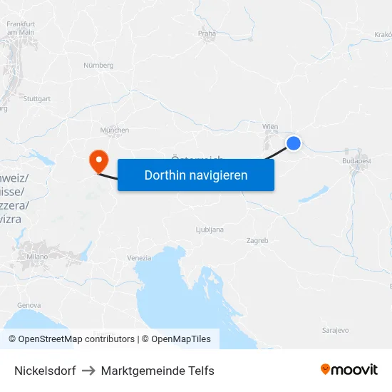 Nickelsdorf to Marktgemeinde Telfs map