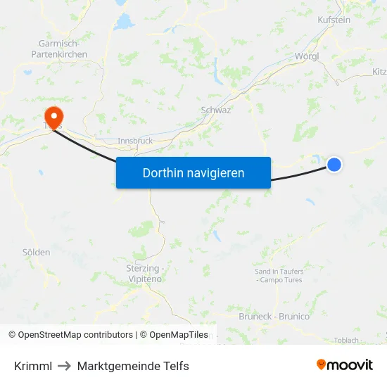 Krimml to Marktgemeinde Telfs map