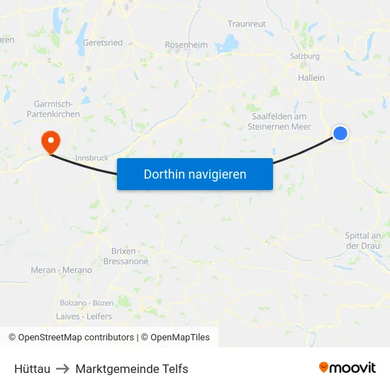 Hüttau to Marktgemeinde Telfs map