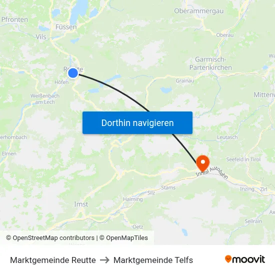 Marktgemeinde Reutte to Marktgemeinde Telfs map