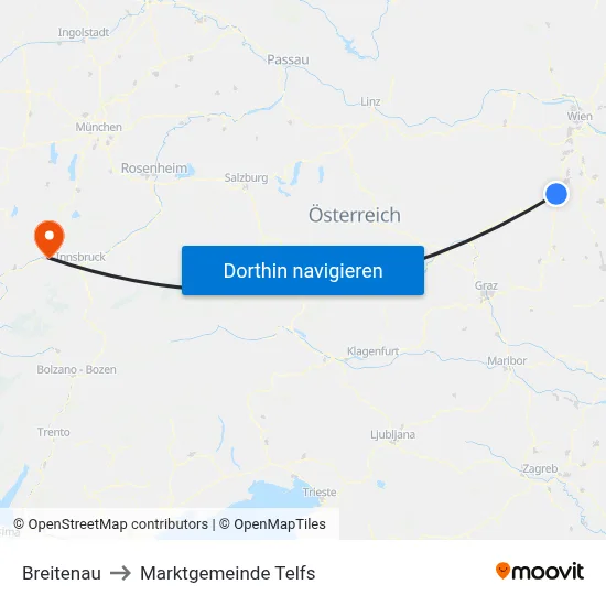 Breitenau to Marktgemeinde Telfs map