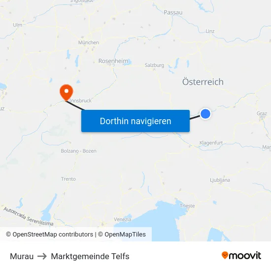 Murau to Marktgemeinde Telfs map