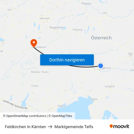 Feldkirchen In Kärnten to Marktgemeinde Telfs map