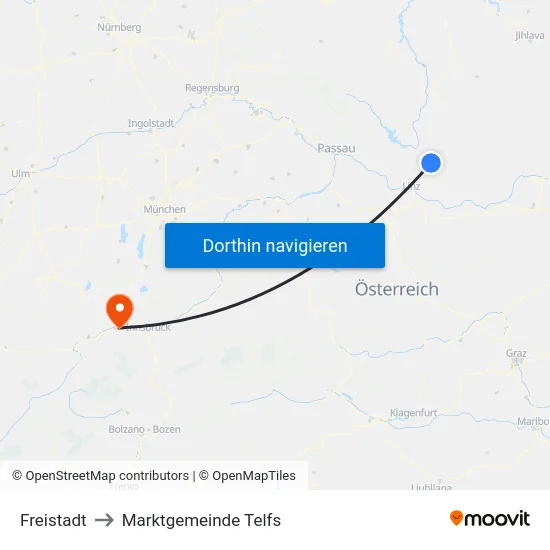 Freistadt to Marktgemeinde Telfs map