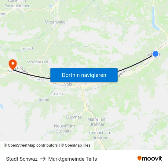 Stadt Schwaz to Marktgemeinde Telfs map