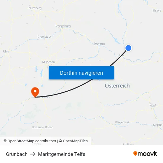 Grünbach to Marktgemeinde Telfs map