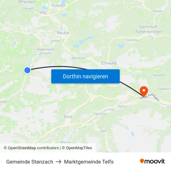 Gemeinde Stanzach to Marktgemeinde Telfs map