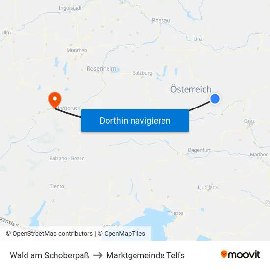 Wald am Schoberpaß to Marktgemeinde Telfs map