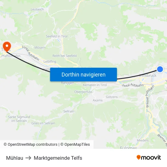 Mühlau to Marktgemeinde Telfs map