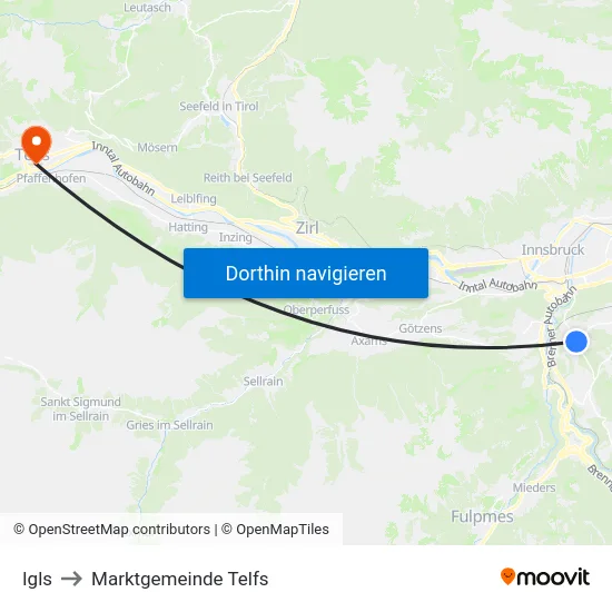 Igls to Marktgemeinde Telfs map