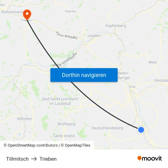 Tillmitsch to Trieben map