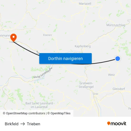 Birkfeld to Trieben map