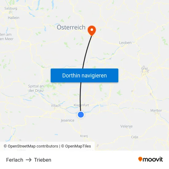 Ferlach to Trieben map