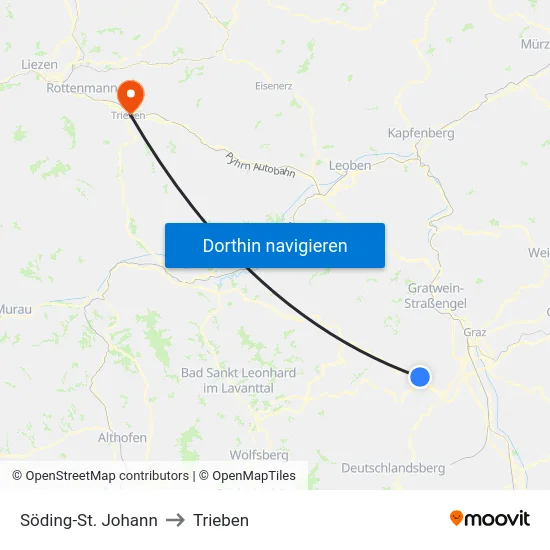 Söding-St. Johann to Trieben map