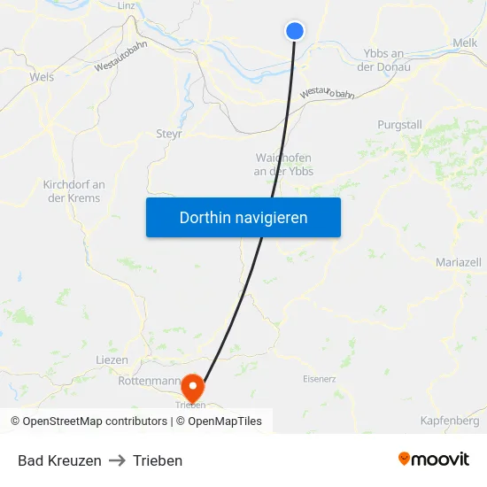 Bad Kreuzen to Trieben map