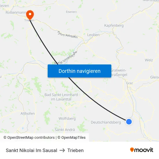 Sankt Nikolai Im Sausal to Trieben map