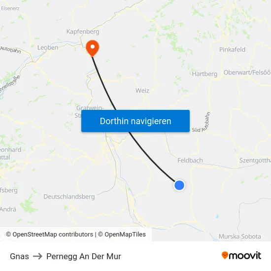 Gnas to Pernegg An Der Mur map