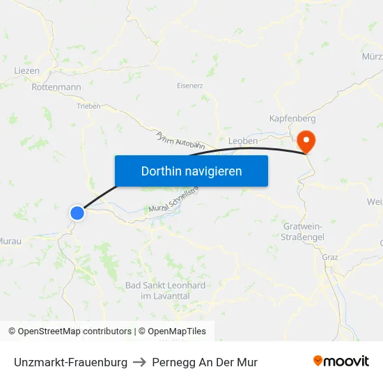 Unzmarkt-Frauenburg to Pernegg An Der Mur map