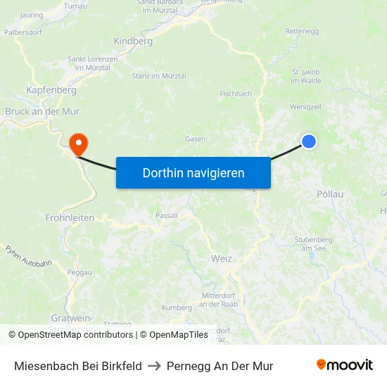 Miesenbach Bei Birkfeld to Pernegg An Der Mur map